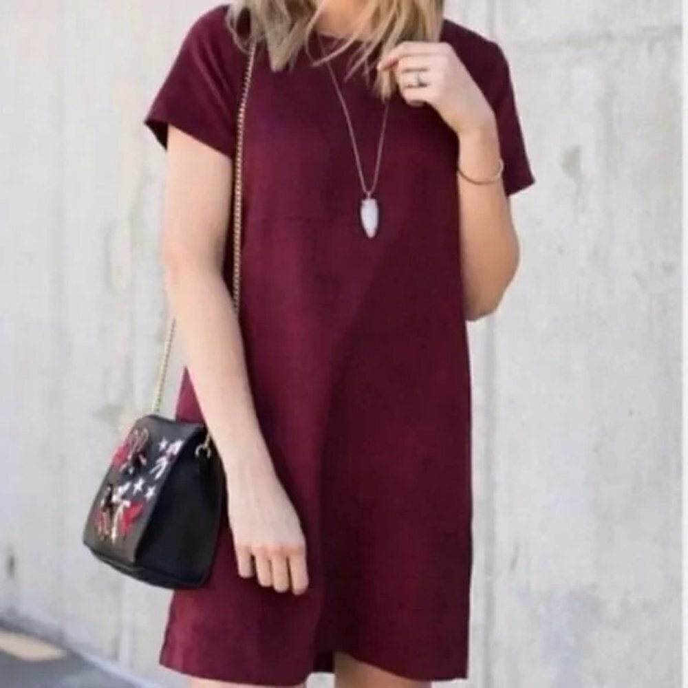 Brandy Melville Faux Suede T-Shirt Dress Wine Womens OS Mini Shift Fall Holidays